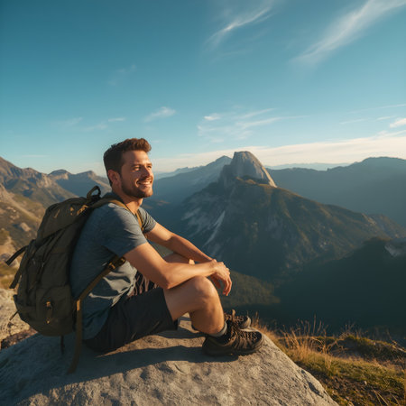 Hiker sitting on the top of a mountain and enjoying the viewの素材