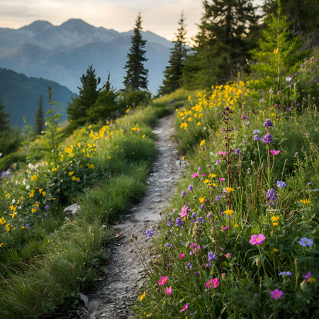 Beautiful alpine meadow with wildflowers at sunrise.の素材