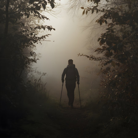 Man with Nordic walking poles in the foggy forest at sunrise.の素材