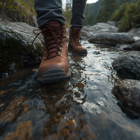 Close-up of female legs in hiking boots standing at the edge of a mountain streamの素材