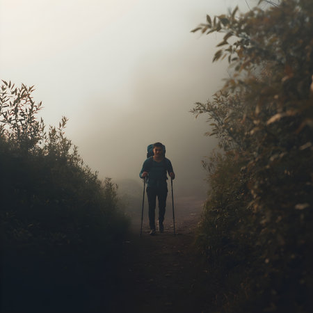 Young woman nordic walking in foggy forest at dawn.の素材