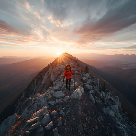 Hiker on top of the mountain at sunset. Beautiful landscape.の素材