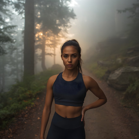 Young woman running in the misty forest. Sport and fitness conceptの素材