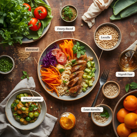 Healthy food on wooden background. Top view, flat lay.の素材