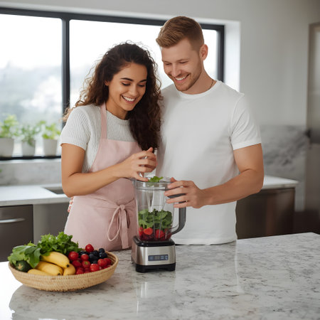 Happy couple making smoothie in the kitchen at home. Healthy food and diet concept.の素材
