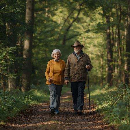 Happy senior couple walking in the forest. Elderly people healthy lifestyle concept.の素材