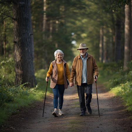 Senior couple walking in the forest. Elderly people walking in the forest.の素材
