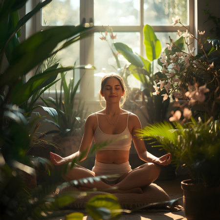 Young woman practicing yoga in the lotus position on the windowsill.の素材