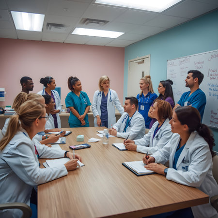 Group of doctors and nurses working together in a hospital conference room.の素材