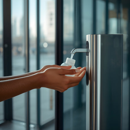 Close-up of female hand spraying sanitizer on door handleの素材