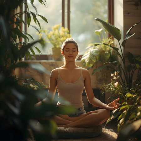Beautiful asian woman practicing yoga at home, sitting in lotus pose and meditatingの素材