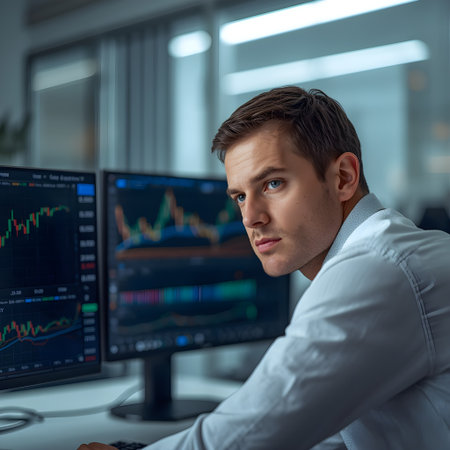 Serious young businessman sitting in front of computer monitors and looking at cameraの素材