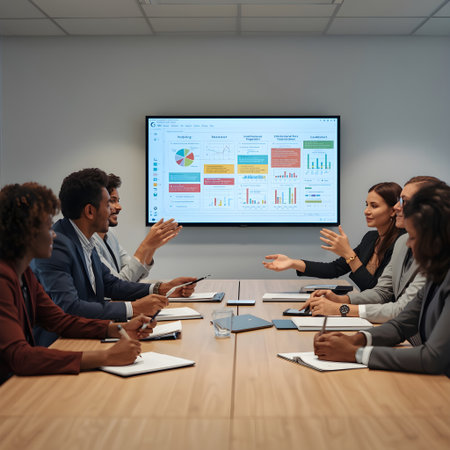Group of multiethnic business people sitting at table and working on computer monitor in officeの素材