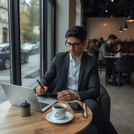 Young businessman working on laptop computer while sitting in cafe and drinking coffeeの素材