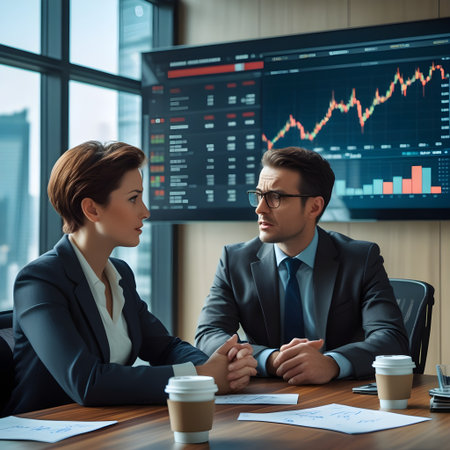 businessman and businesswoman sitting at table in office and looking at chartsの素材