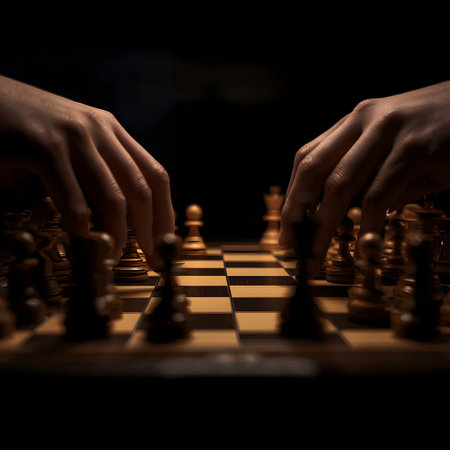 Close-up of male hands playing chess. Black background. Selective focus.の素材