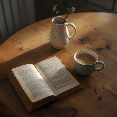Cup of coffee and book on wooden table in morning light.の素材