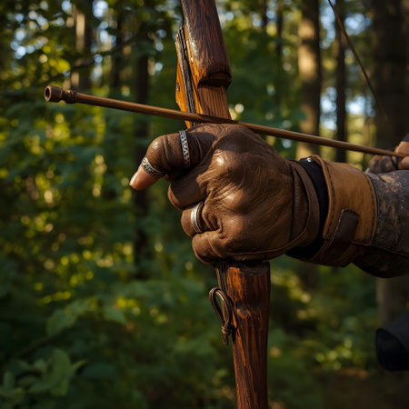 Archer with a bow and arrow in the forest. Close-up.の素材