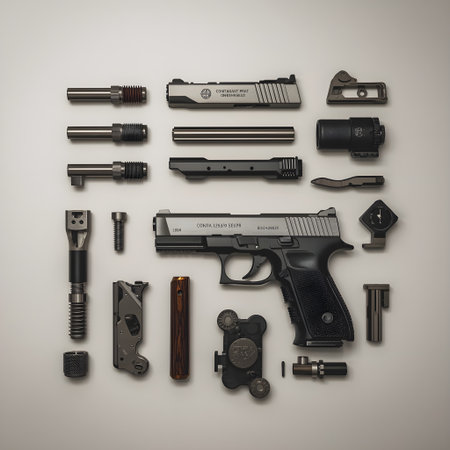 9mm handgun, pistol and gun parts on a white background.の素材