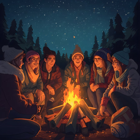 Group of friends sitting near bonfire in the forest at night.の素材