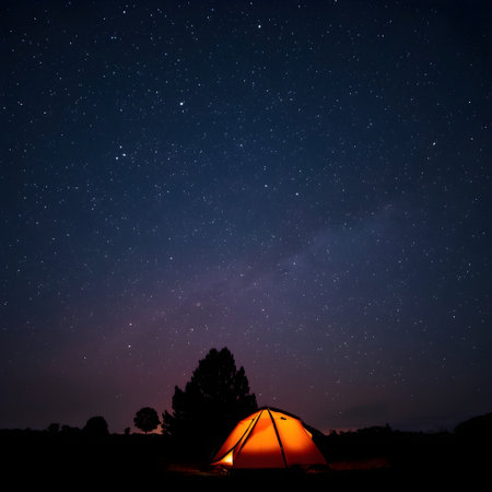Camping in the mountains under the starry sky. Camping in the mountains.の素材