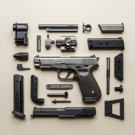 Assault rifle, pistol and other gun parts on beige backgroundの素材
