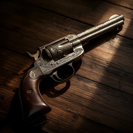 Old gun on the wooden background. Shallow depth of field.の素材