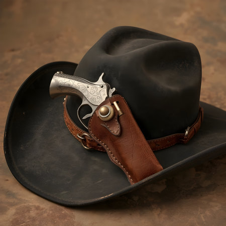 Cowboy hat and gun on a brown background. Vintage style.の素材