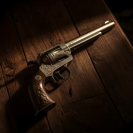 Revolver gun on a wooden table with copy space for your textの素材