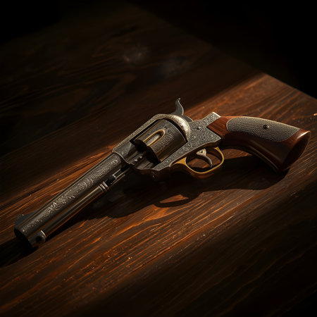 Revolver on a wooden table. Vintage style. Selective focus.の素材