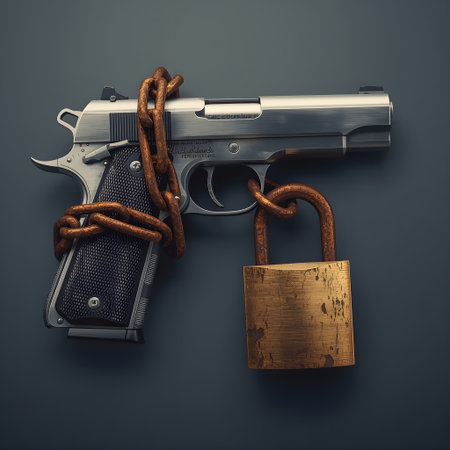 Gun with chain and padlock on dark background, retro tonedの素材