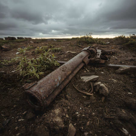 Old rusty tube on the ground with stormy sky in the backgroundの素材