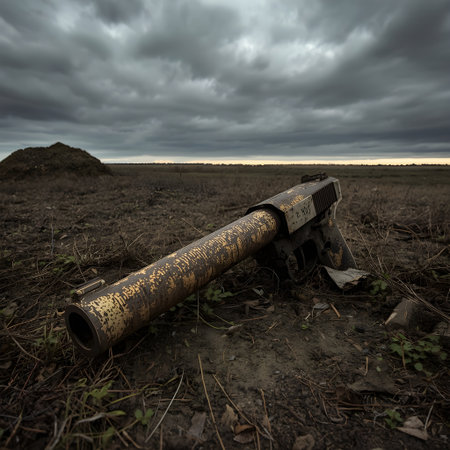 Old rusty gun on the ground in a field with dark stormy skyの素材