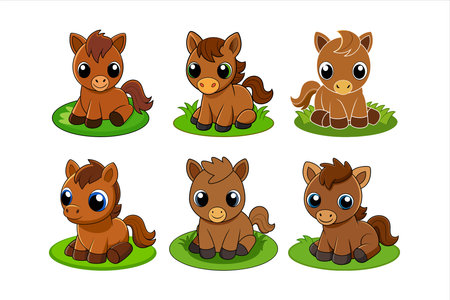 Adorable cartoon baby horse sitting in lush green grass, capturing playful innocence. Perfect for children's books, nursery decor, or playful designs. High-quality vector illustratのイラスト素材