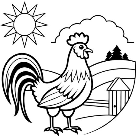 Black and White Cartoon Illustration of Rooster Farm Animal for Coloring Bookのイラスト素材