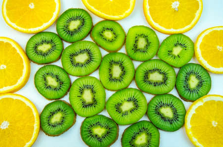 Orange, kiwi thinly slicedの写真素材