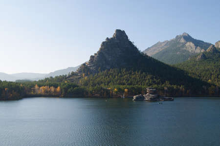 Lake amid high mountains.の写真素材