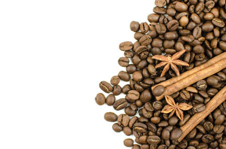 Coffee beans and spices on a white backgroundの写真素材