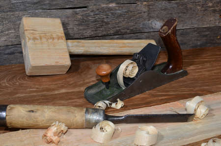 Planer carpenter's tool on a workbenchの写真素材