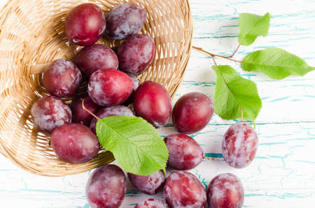 Plum scattered from wicker basket on the table