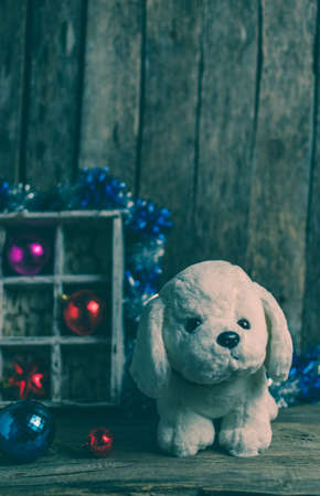 White puppy on the background of Christmas decorations, year of the dog, tintedの写真素材