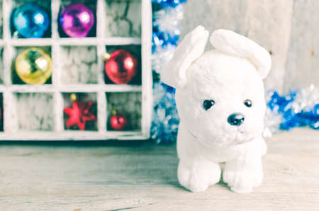 White puppy on the background of Christmas decorations, year of the dog, tintedの写真素材