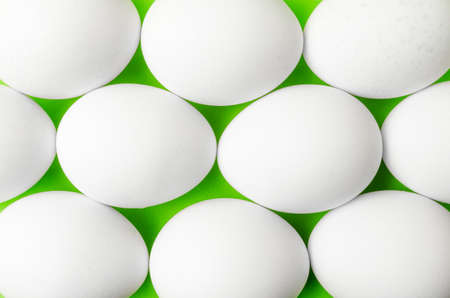 Symmetry of white eggs on bright light green background. Abstraction.の写真素材