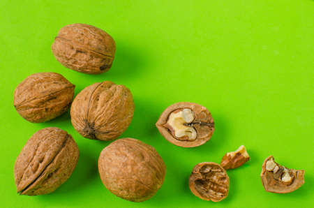 Walnuts on a bright green background.の写真素材