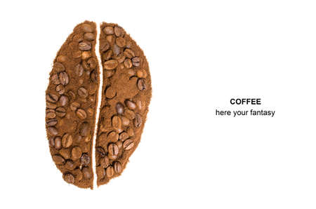 Coffee beans on white background.Mixed with instant coffee. Copy space.の写真素材
