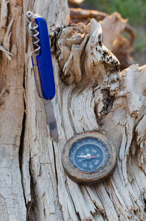 Compass and a knife for survival on an old dried tree,Close up.の写真素材