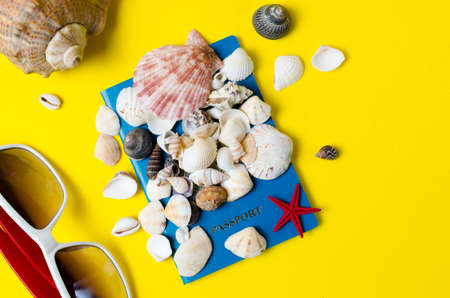 Passport, glasses and shells with star on yellow background.Summer travel.