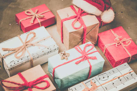 Christmas gifts and Santa's red hat.New year, children and adult winter holiday.