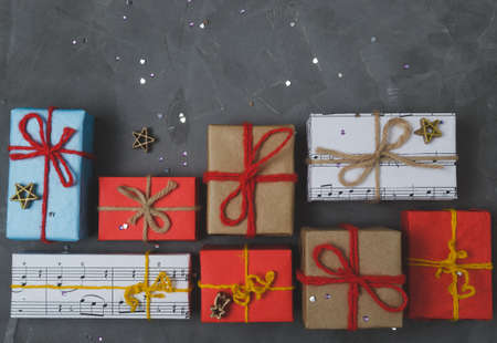 Christmas gifts, winter, children and adult holiday new year.Tied with red and yellow threads.
