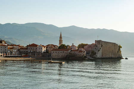 Old town in the early morning in Montenegro, Budva.On the background of mountains and sea.